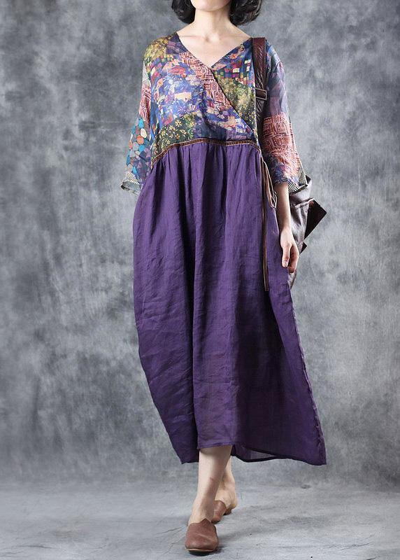 Organic Purple Linen Dress Patchwork V Neck Dress