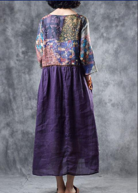 Organic Purple Linen Dress Patchwork V Neck Dress
