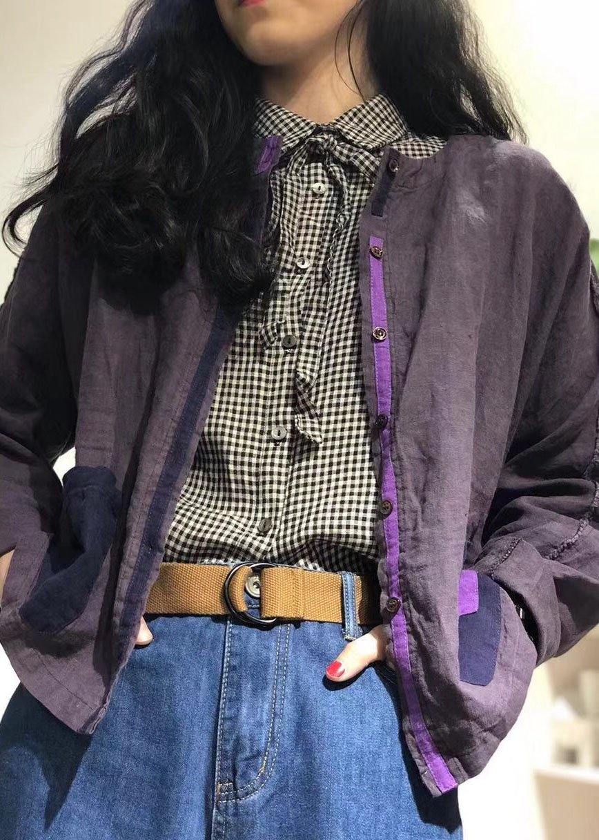 Organic Purple O Neck Linen Tunics for Patch Pockets Baggy Fall Shirt
