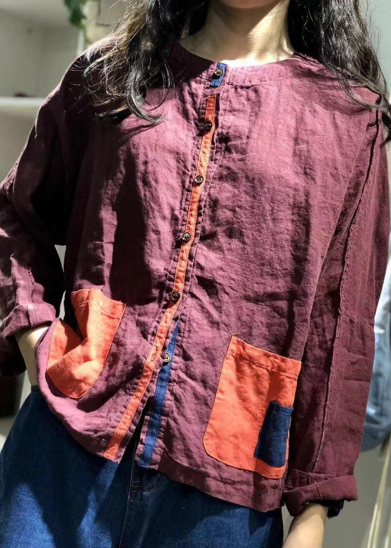 Organic Purple O Neck Linen Tunics for Patch Pockets Baggy Fall Shirt