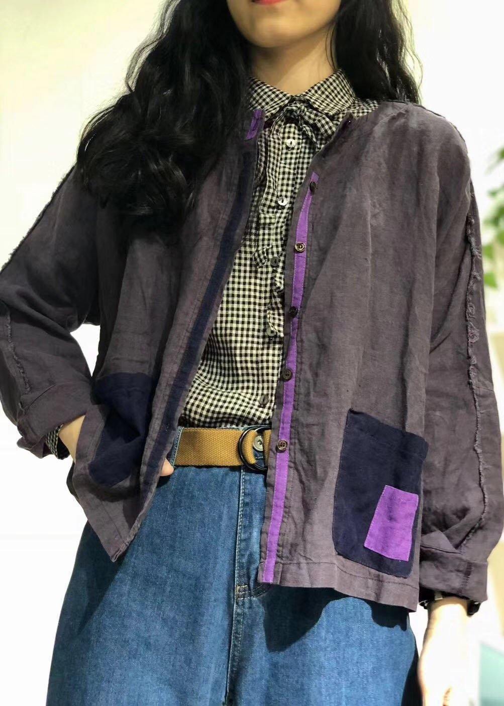 Organic Purple O Neck Linen Tunics for Patch Pockets Baggy Fall Shirt