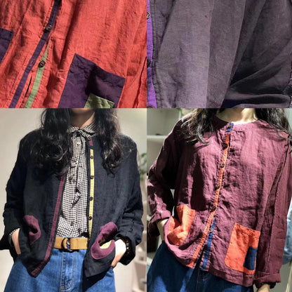 Organic Purple O Neck Linen Tunics for Patch Pockets Baggy Fall Shirt