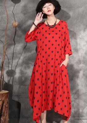 Organic Red Dotted Cotton Long Shirts Asymmetric Hem Maxi Summer Dresses