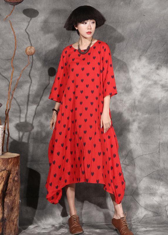 Organic Red Dotted Cotton Long Shirts Asymmetric Hem Maxi Summer Dresses