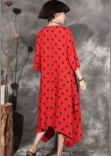 Organic Red Dotted Cotton Long Shirts Asymmetric Hem Maxi Summer Dresses
