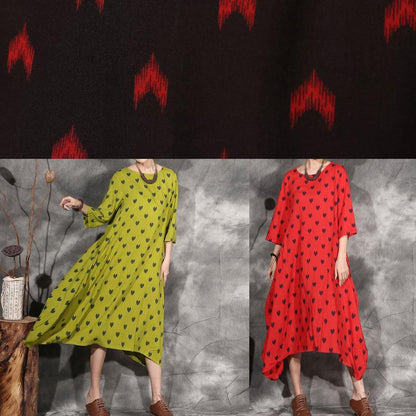 Organic Red Dotted Cotton Long Shirts Asymmetric Hem Maxi Summer Dresses