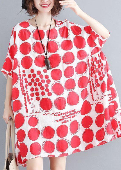 Organic Red Plaid Cotton Linen Clothes for Batwing Sleeve Oversized Summer Dresses