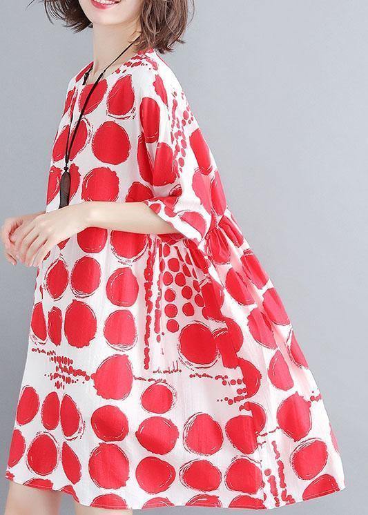Organic Red Plaid Cotton Linen Clothes for Batwing Sleeve Oversized Summer Dresses