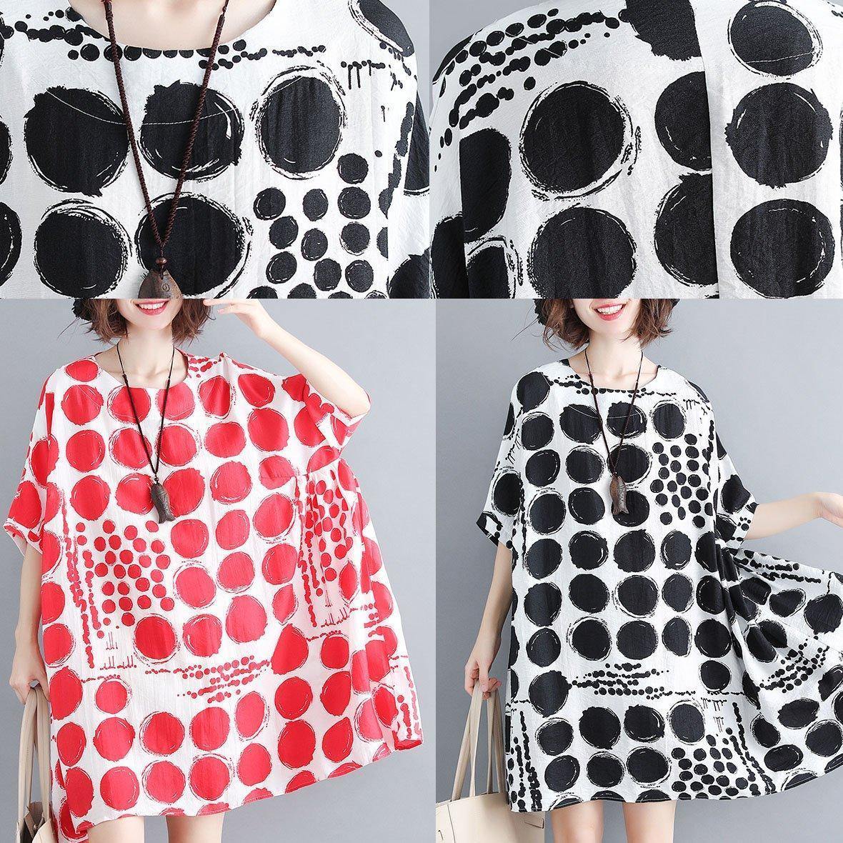 Organic Red Plaid Cotton Linen Clothes for Batwing Sleeve Oversized Summer Dresses