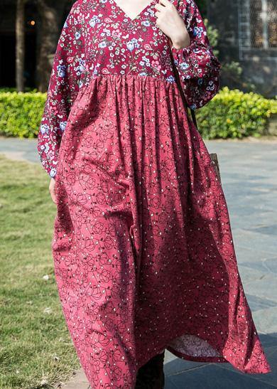 Organic Red Print Cotton Long Shirts O Neck Lantern Sleeve Baggy Summer Dress