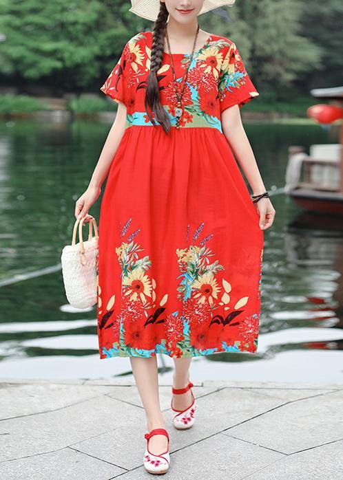 Organic Red Prints Cotton Tunic Dress O Neck Cotton Summer Dresses