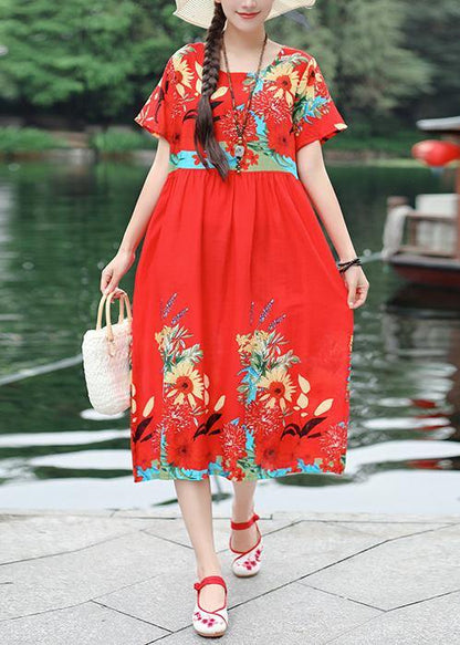Organic Red Prints Cotton Tunic Dress O Neck Cotton Summer Dresses