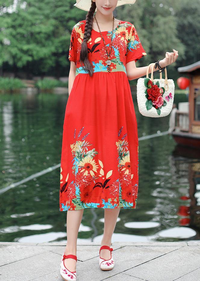 Organic Red Prints Cotton Tunic Dress O Neck Cotton Summer Dresses