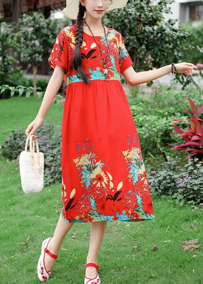 Organic Red Prints Cotton Tunic Dress O Neck Cotton Summer Dresses