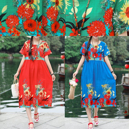 Organic Red Prints Cotton Tunic Dress O Neck Cotton Summer Dresses