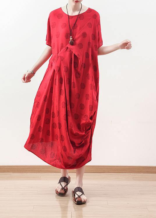 Organic Red Prints Linen Clothes Neckline Draping Maxi Summer Dresses