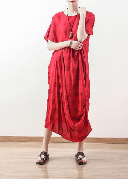 Organic Red Prints Linen Clothes Neckline Draping Maxi Summer Dresses