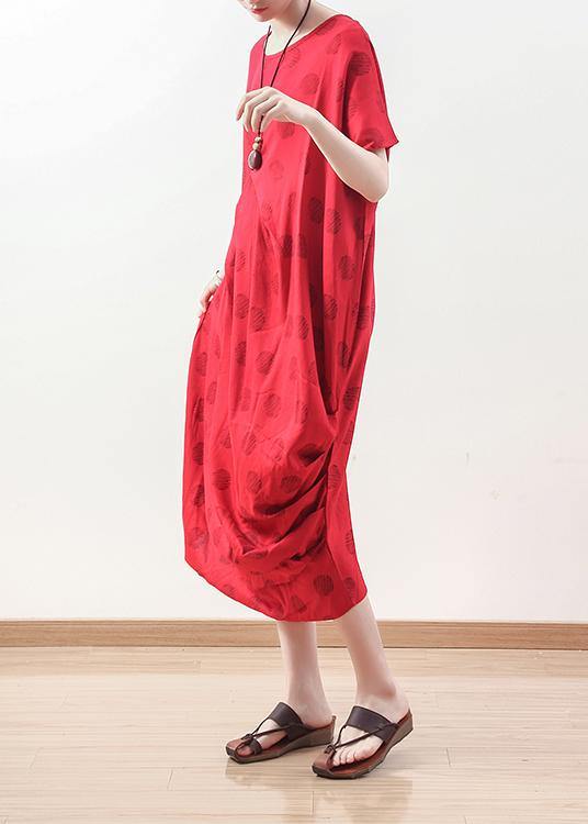 Organic Red Prints Linen Clothes Neckline Draping Maxi Summer Dresses