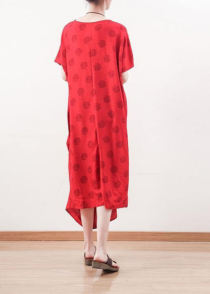 Organic Red Prints Linen Clothes Neckline Draping Maxi Summer Dresses