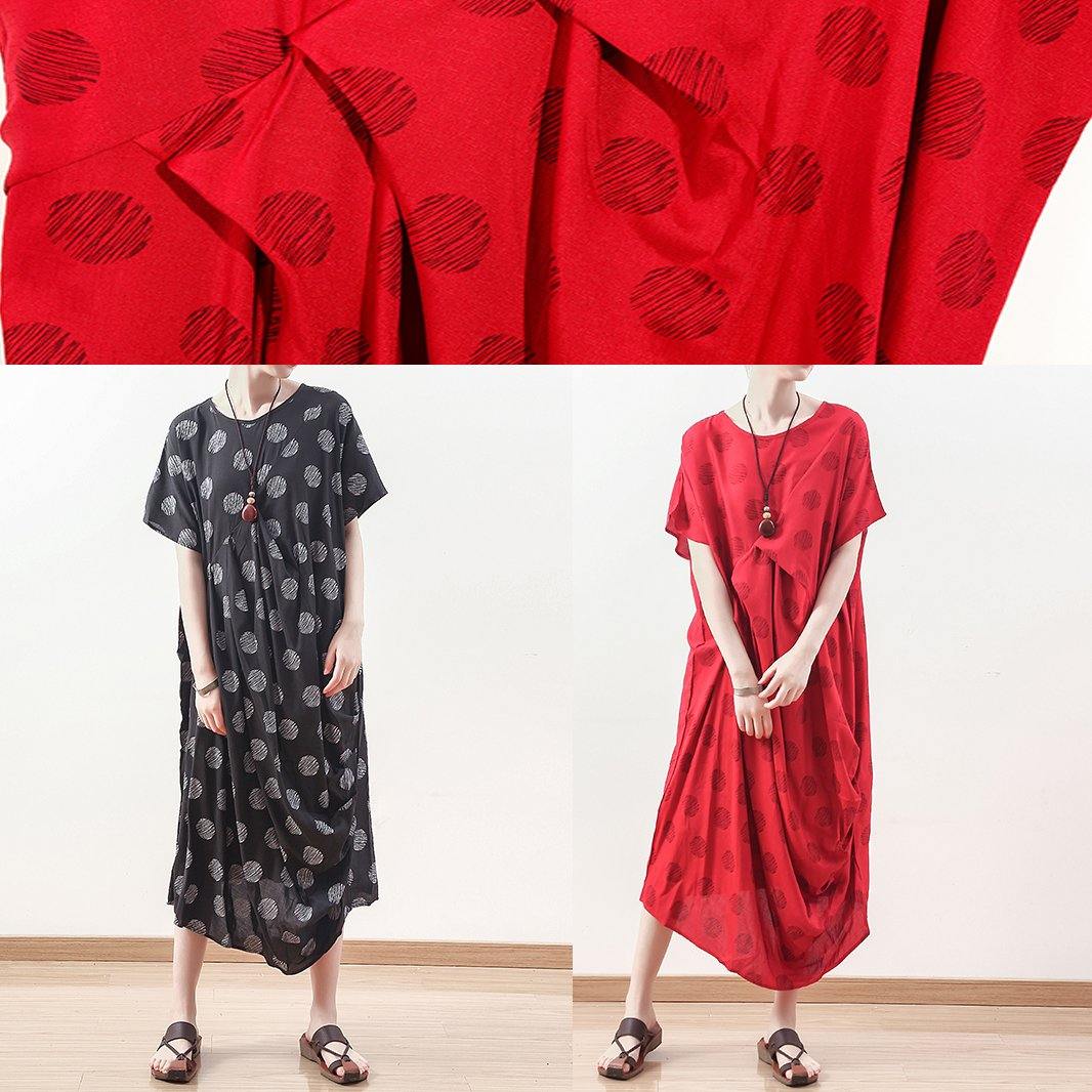 Organic Red Prints Linen Clothes Neckline Draping Maxi Summer Dresses