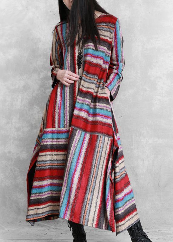 Organic Red Striped Linen Cotton Clothes for Side Open Clothing Patchwork Dress
