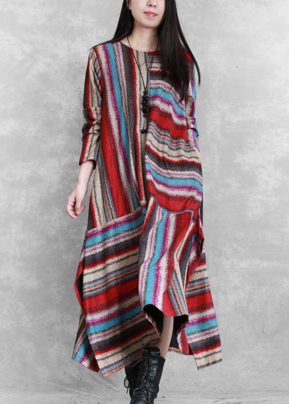 Organic Red Striped Linen Cotton Clothes for Side Open Clothing Patchwork Dress