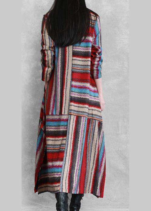 Organic Red Striped Linen Cotton Clothes for Side Open Clothing Patchwork Dress