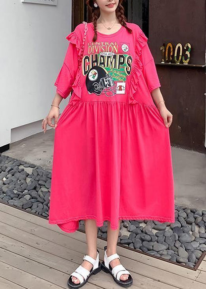 Organic Rose Cartoon Print Dresses O Neck Ruffles Dress