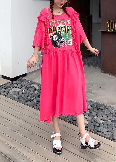 Organic Rose Cartoon Print Dresses O Neck Ruffles Dress