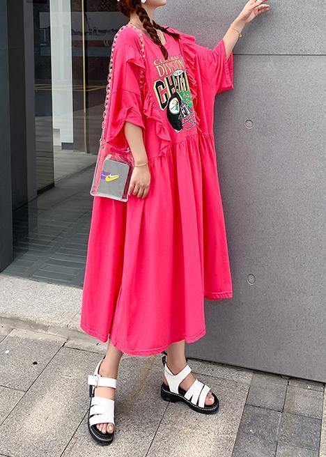 Organic Rose Cartoon Print Dresses O Neck Ruffles Dress