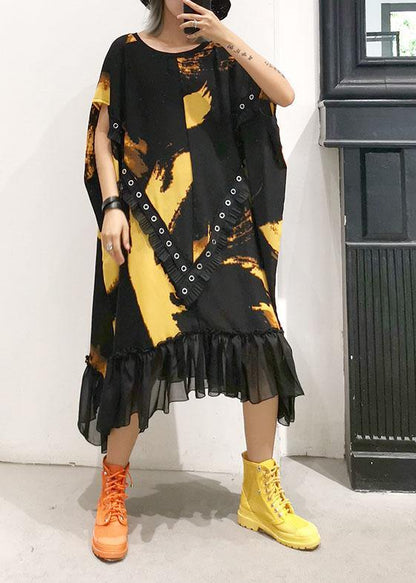 Organic Ruffles Hem Chiffon Wardrobes Pattern Black Prints Robes Dresses Summer