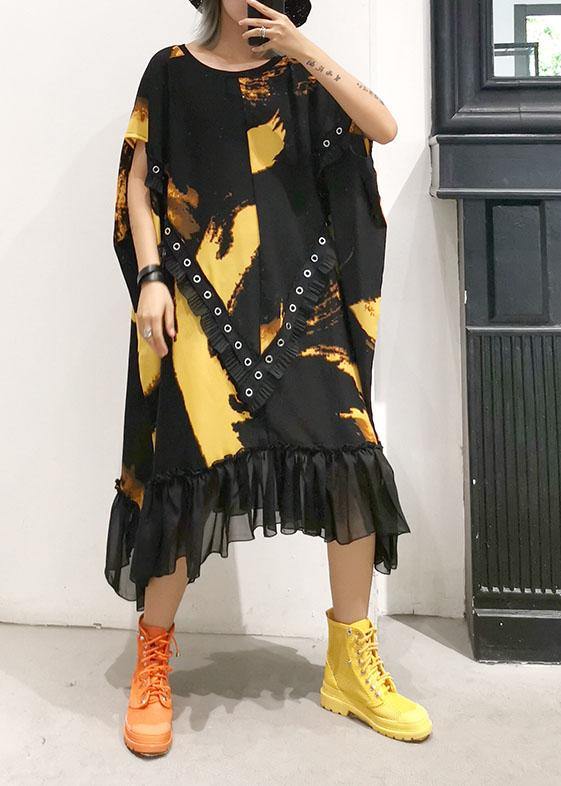 Organic Ruffles Hem Chiffon Wardrobes Pattern Black Prints Robes Dresses Summer