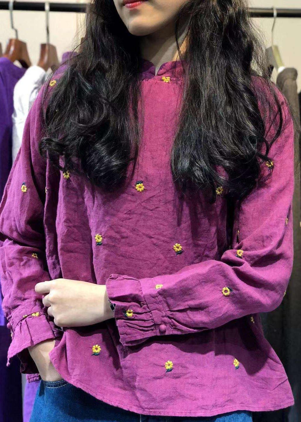 Organic ruffles long sleeve linen tunics for women Wardrobes rose stand collar tops autumn