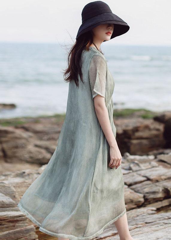 Organic Short Sleeve Cotton Clothes Inspiration Green High Waist Dress