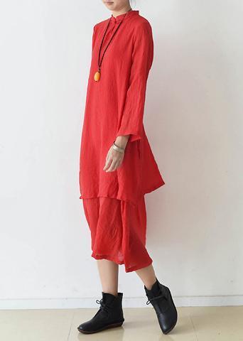 Organic Stand Collar Asymmetric Cotton Clothes Stylish Runway Red Kaftan Dress Spring