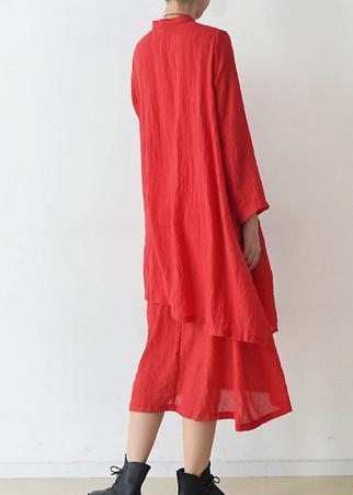 Organic Stand Collar Asymmetric Cotton Clothes Stylish Runway Red Kaftan Dress Spring