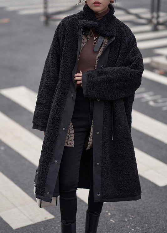 Organic Stand Collar Drawstring Tunic Coat Black Dresses Outwear