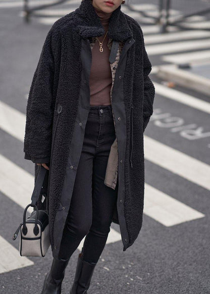 Organic Stand Collar Drawstring Tunic Coat Black Dresses Outwear