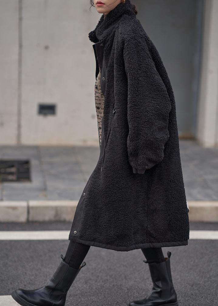 Organic Stand Collar Drawstring Tunic Coat Black Dresses Outwear