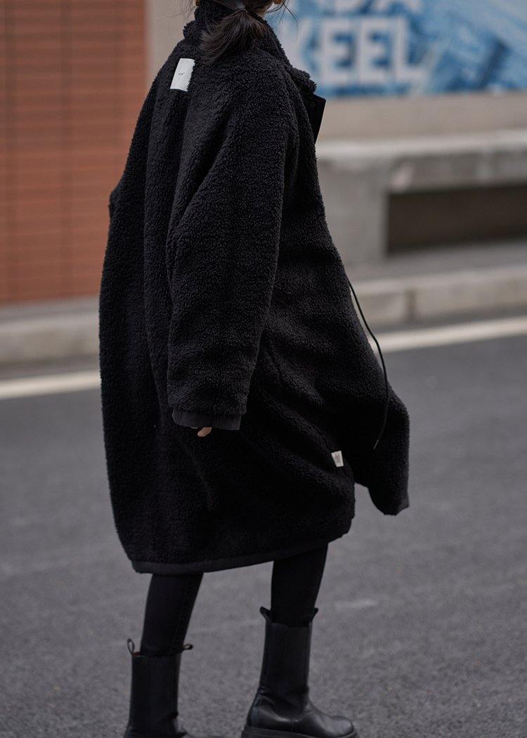 Organic Stand Collar Drawstring Tunic Coat Black Dresses Outwear