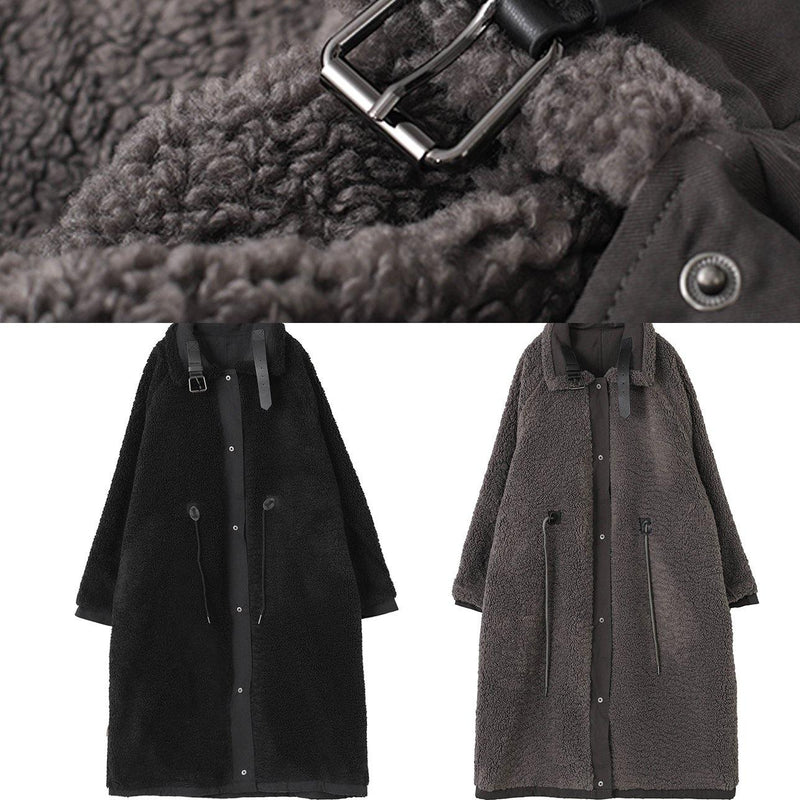 Organic Stand Collar Drawstring Tunic Coat Black Dresses Outwear