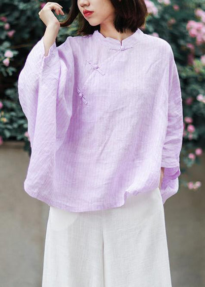 Organic Stand Collar Linen Blouse Photography Light Purple Striped Blouse