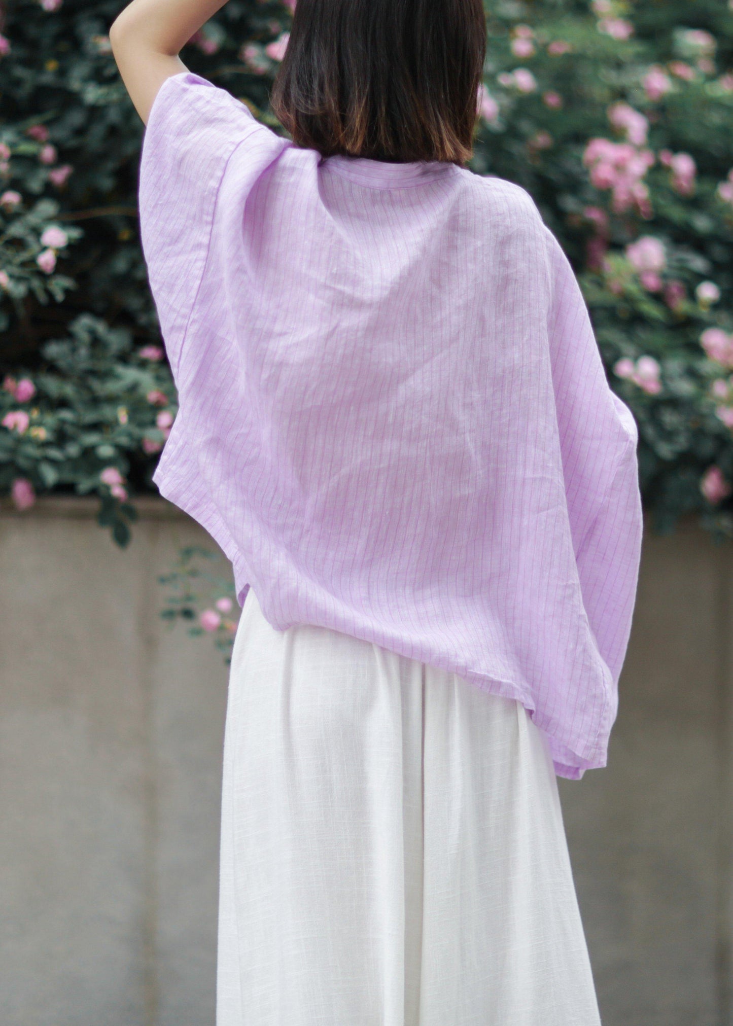 Organic Stand Collar Linen Blouse Photography Light Purple Striped Blouse