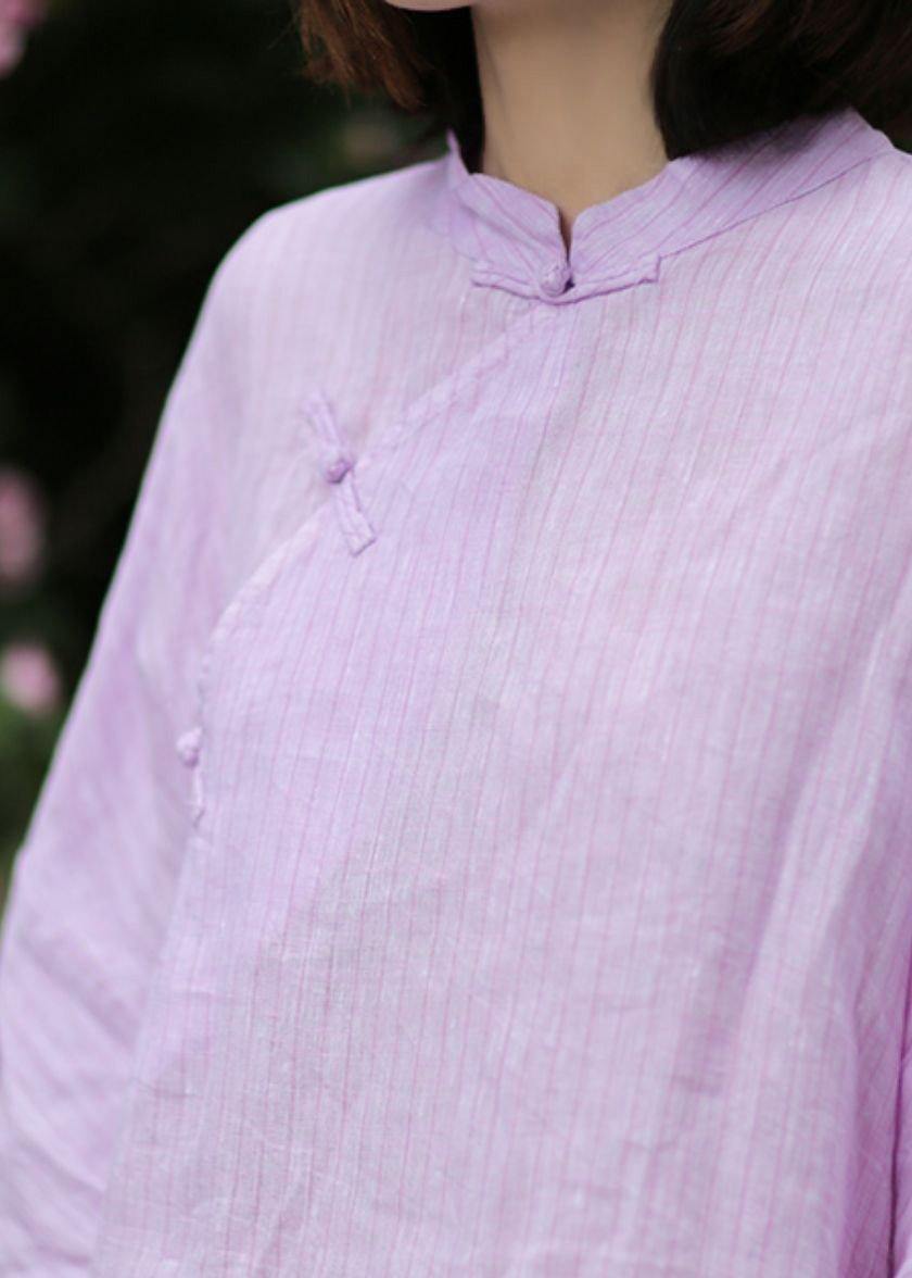 Organic Stand Collar Linen Blouse Photography Light Purple Striped Blouse