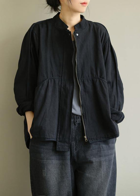 Organic Stand Collar Patchwork Fine Clothes Black Outwears