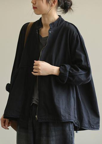 Organic Stand Collar Patchwork Fine Clothes Black Outwears