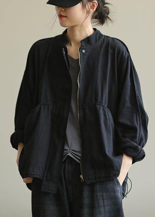 Organic Stand Collar Patchwork Fine Clothes Black Outwears
