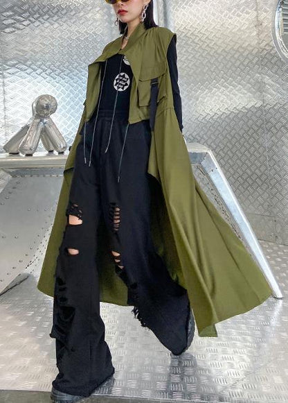 Organic Stand Collar Tie Waist Fine Clothes for Army Green Knee Coats