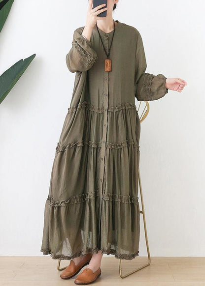 Organic Stand Collar Cinched Outfit Tutorials Army Green Dresses