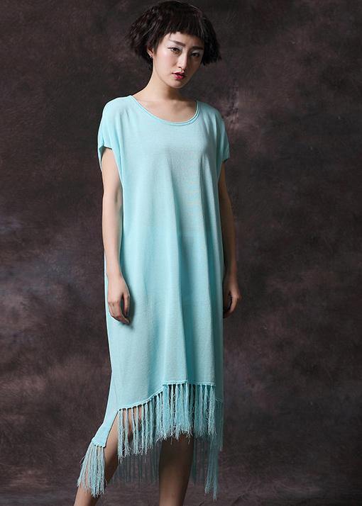 Organic Tassel Cotton Clothes Work Light Blue Dress Summer